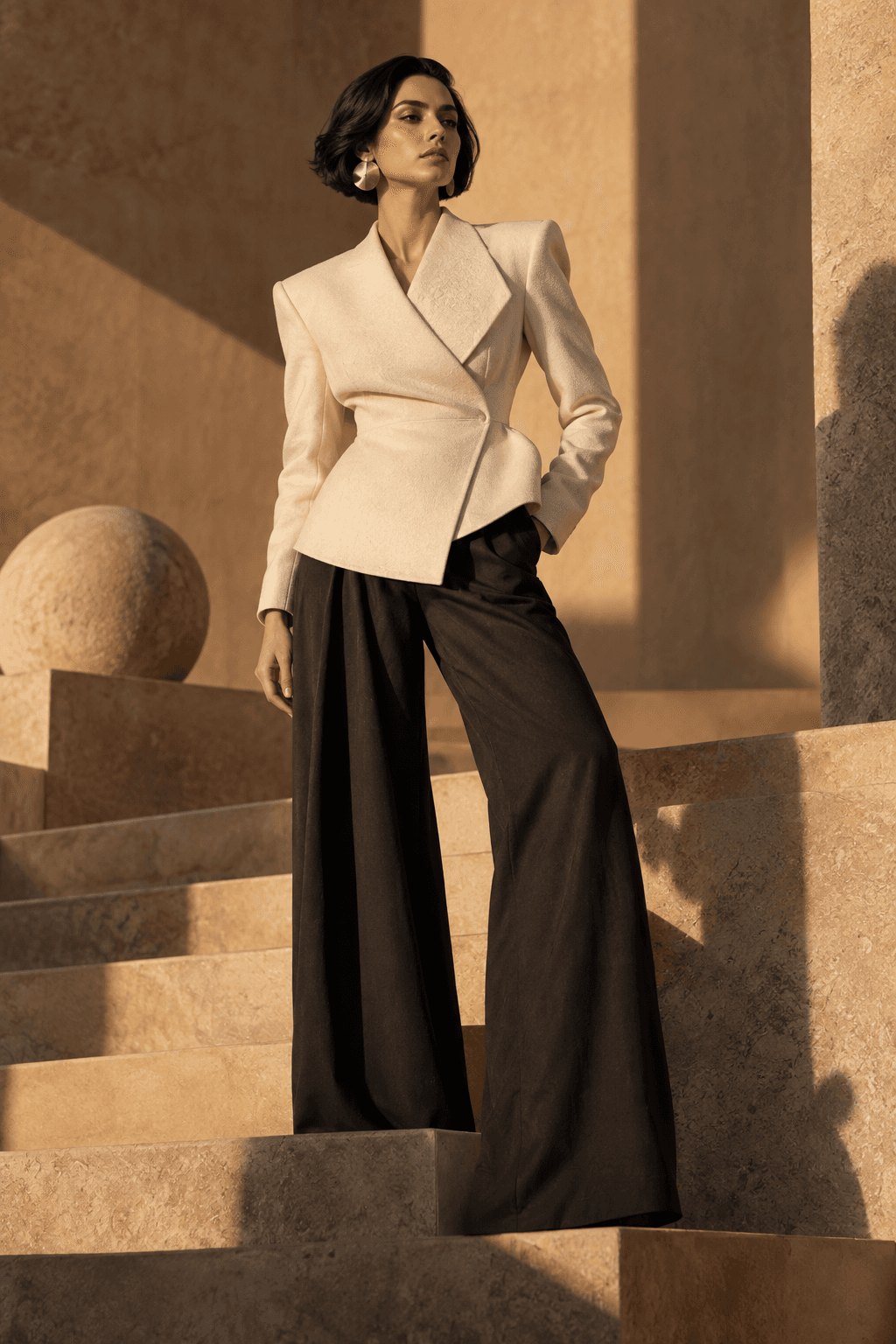 Fictional adult model in an ivory sculptural jacket and charcoal trousers, in warm architectural studio light.